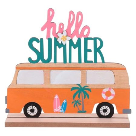 Amosfun Aufsteller Holz Schriftzug Bus Hello Summer Holzschrift Tropischer Stil Desktop Ornament DIY Sommer Frühling Luau Party Hawaiianische Deko Tischdeko Büro Zuhause Dekoration