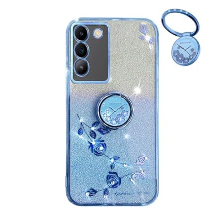 YUECXIN Hülle für Vivo V40 SE 5G mit Glänzende Blumen Ring Ständer, Niedliche Bling Frauen Mädchen Handyhülle, Ultra Dünn Stoßfest Weich TPU Silikon Schutzhülle, Blau