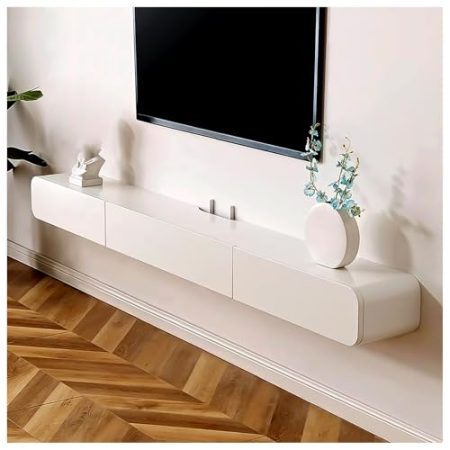 Weißer Schwebender TV-Schrank, Mit Schubladen Und Tür, An Der Wand Montierte Medienkonsole Aus Massivholz, Mit Fräsloch Und Hohler Rückseite, Aufbewahrungsregal (Color : Beige, S : 200x24x20cm)