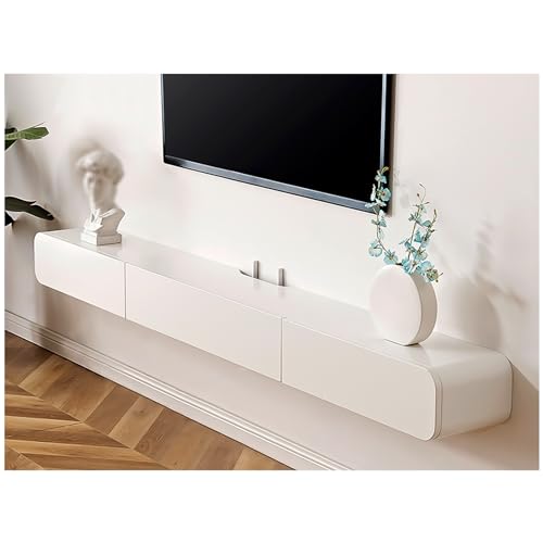 Schwebender TV-Ständer mit Schubladen und Tür, Wandmontage, Massivholz, TV-Konsole, weiß, Medienkonsole mit Routerloch, Wohnzimmer, TV-Aufbewahrungsregal, moderner TV-Schrank,