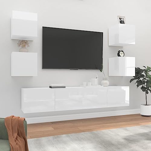 AJJHUUKI Home Outdoor Others6-teiliges TV-Schrank-Set, Hochglanz-Weiß, Holzwerkstoff