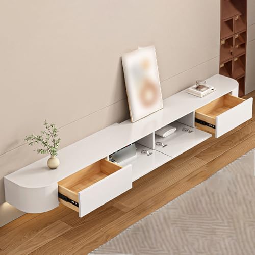 Schwebender TV-Schrank mit versteckten Fächern und offenen Regalen, Wandmontage, modernes Unterhaltungszentrum für Wohnungen, schlanke weiße Medienkonsole (200 cm)