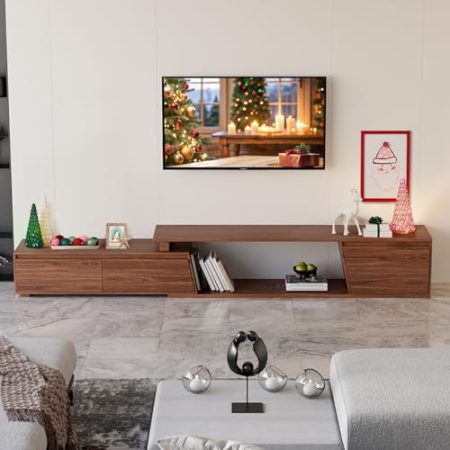 Homary Ausziehbares TV Schrank mit 3 Schubladen, Fernsehtisch Lowboard Holz 180 cm Lang, Minimalistisches Rechteckiges TV Möbel aus Walnussholz für Fernseher bis zu 110"
