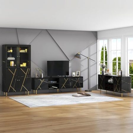 ZYLOYAL10 3er-Set Wohnzimmermöbel - TV-Schrank, Vitrine und Beistelltisch mit Weinkühler, schwarz-goldenes Farbschema, zeitgenössischer Stil, mit goldenen Aluminiumstreifen verziert