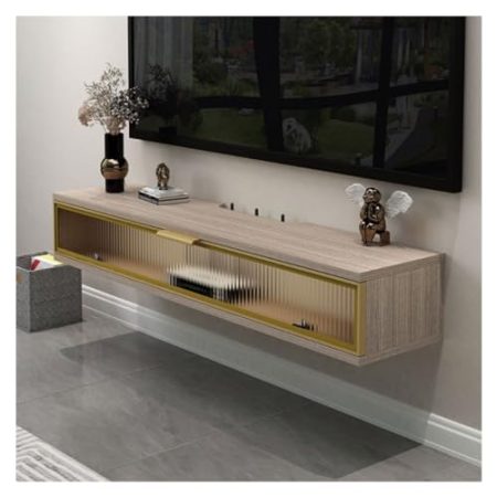 TV Schrank Hängend Schwebendes TV-Ständer-Regal mit Tür, wandmontierte Aufbewahrungsbox for TV-WiFi-Router-Steckdose, Medienkonsole, Unterhaltungszentrum unter dem TV, schwimmendes Schrank-Aufbewahrun
