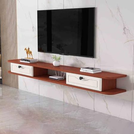 An der Wand montierter TV-Schrank, schwebende Medienkonsole mit Schublade, moderne schwebende TV-Einheit mit Kabelloch, an der Wand montierter TV-Ständer mit offenem Stauraum für Wohnzimmer,