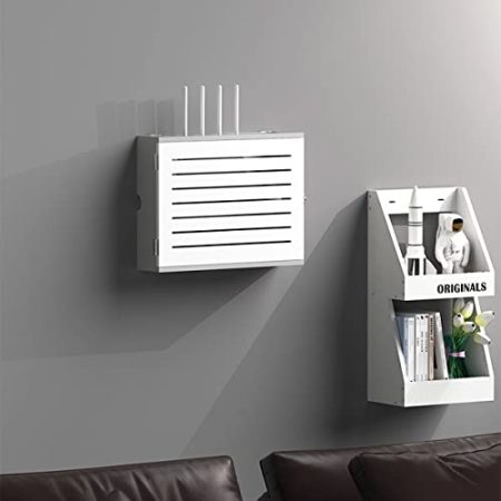 Aufbewahrungsbox für drahtlose Router, Holz, mit Tür, Multimedia, dekorative Abdeckung, Wohnzimmer, Aufbewahrungshalter, optisches Modem, verstecken Sie die Kabelbuchse, Okklusionsbox, weiß,