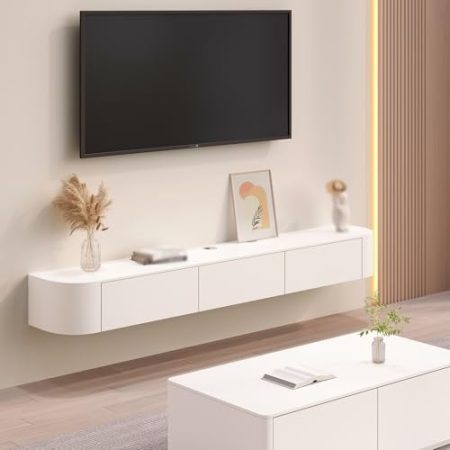 Wandmontierte, moderne Medienkonsole mit Schubladen und versteckten Fächern, Massivholz, Unterhaltungszentrum für Wohnzimmer und Schlafzimmer, schlanker Schrank mit Regalen (Weiß, 220 cm)