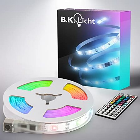 B.K.Licht - USB LED Strip 5m mit Fernbedienung, buntes RGB Licht, dimmbar, selbstklebend, LED Streifen, Leiste, Zimmer Deko, Gaming Deko, Band, Lichtleiste, Lichtband, 500x0,2x1 cm, Weiß