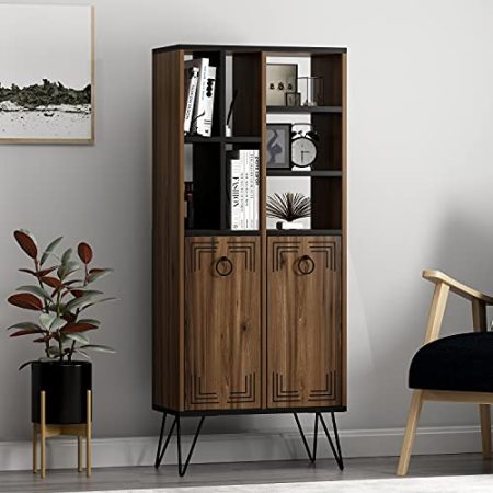 Homidea Milestone Bücherregal mit Metallbeinen - Schrank - Sideboard - Regal mit 2 Türen für Wohnzimmer, Küche, Flur und Büro im rustikalen Design (Nussbaum/Schwarz - Regal)