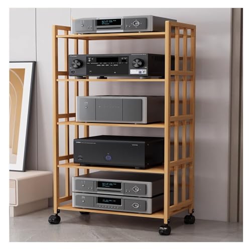 Medien-Audioständer aus Bambus mit Rädern, höhenverstellbar, 360 ° drehbar, bodenstehender Stereoständer, AV-Ständer aus Holz, geeignet für kleine Räume in Wohnzimmern, Büros, Kinos (80 cm breit, 5 R