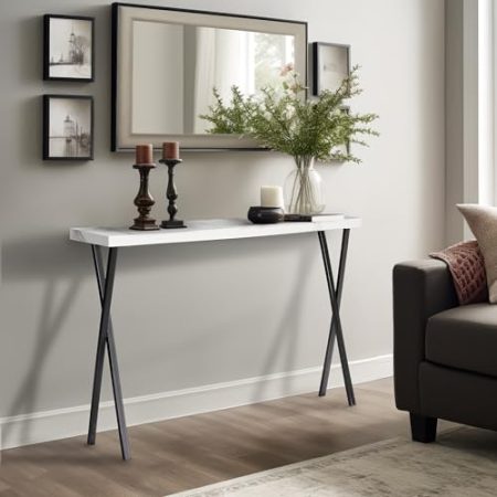 Wohnando Konsolentisch schmal weiß Mamor-Optik Sideboard Apollo, 100x25x80cm, Flurtisch weißes Mamordekor und Metall-Füße