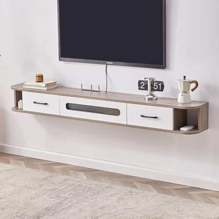 Wandmontiertes Entertainment-Center mit offenem Stauraum und Schubladen, hängender TV-Schrank für Wohnzimmer, schwimmender TV-Ständer mit Aufbewahrungstüren, schmaler Medienkonsolenschrank