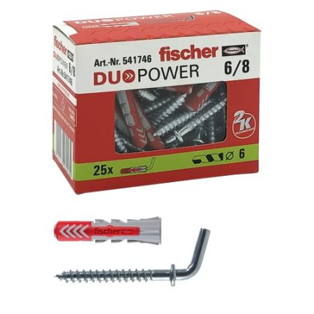 Fischer 541746 Dübel mit kurzem Haken Duopower, Grau/Rot, 25 pz, Stück
