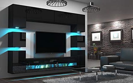 FURNITECH Wohnwand Wohnzimmer | Hängend Wohnwand Modern | Wohnzimmer Schrankwand mit Regale und TV Schrank | Wohnzimmer Möbel ohne LED (Heidi AN36-18HG-B1 1A | ohne Füße)