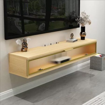 Hängender TV-Ständer, schwebender TV-Ständer, wandmontierter TV-Schrank mit LED-Leuchten, schwebende Medienkonsole aus Massivholz unter dem TV-Regal mit ausziehbarer Schublade, Glasschranktü