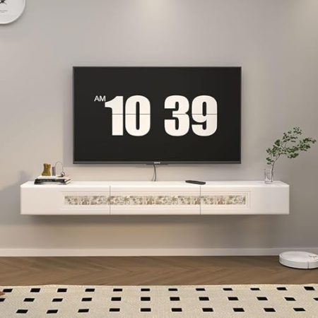 TV-Medienkonsole, Wohnzimmer Hängeschrank mit Stauraum, schwebende TV-Konsole unter dem Fernseher, Multimedia Wandregal mit Kabelloch,Wand montierter Medienkonsolen-TV-Schrank mit 2 Schubladen