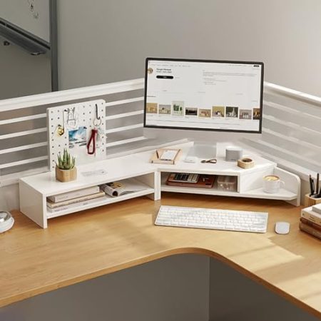 YANBI Eck MonitorstäNder 2 Bildschirm-Monitorerhöhung für Eckschreibtisch, Dual-Monitor-Ständer, Büro-Tisch-Organizer, Lagerregal, Ergonomischer Monitorständer Aus Holz mit 2 Ablagen (Color : White)