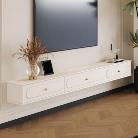Tv Lowboard Hängend Massivholz Tv Schrank Holz Mit Zwei Schubladen Und Absenkbarer Tür Medienkonsolen-Center Großer Aufbewahrungsschrank Versteckte Steckdose(White,120x24x20cm)