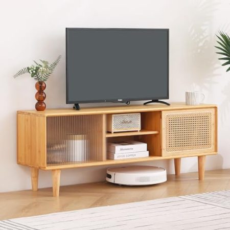 Tiita Rattan-TV-Ständer für 55-Zoll-Fernseher, Bambus-TV-Schrank mit verstellbarem Regal und Aufbewahrung, Boho-Entertainment-Center, Mitte des Jahrhunderts, moderne Medienkonsole für Schlafzimmer,