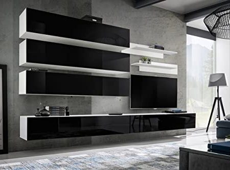 ASM Fly J Wand-Set mit 3 Regalen, 2 TV-Schränken, 2 Regalen, Weiß und Schwarz