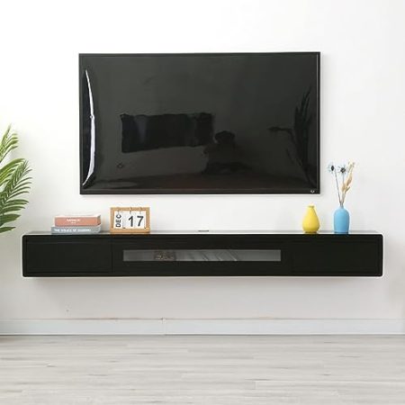YUZDNM Tv Lowboard Hängend - Schwimmender Tv Schrank - Wandmontage TV-Schrank, Schwarzer TV-Wandschrank, TV-Lowboard, 140 cm Schwimmender TV-Ständer Aus Massivem Holz, Regal, TV-Board