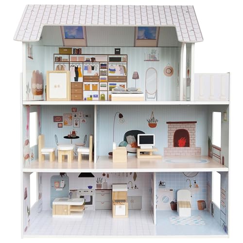 4iQ Group Puppenhaus aus Holz 70x24x60cm - Puppenhaus ab 3 Jahre Mädchen - Groß Haus mit 3 Etagen - Dollhouse mit Möbeln und Zubehör
