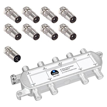 HB-DIGITAL SAT - BK - UKW - Verteiler 8-fach Splitter 8-Wege digital & analog - tauglich voll geschirmt mit Spannungsdurchlass SAT DVB-S DVB-S2 FM Kabelfernsehen DVB-C + Antennen und Kabel IEC Adapter