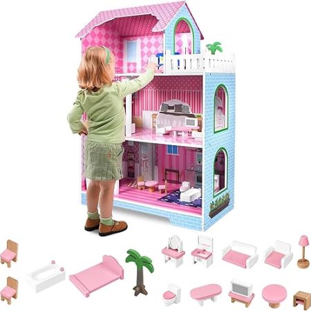 HENGMEI Puppenhaus Kinder Holz Puppenvilla Dollhouse Set Mädchen Spielset 3 Etagen Haus mit Möbeln und Zubehör, 70x30x100cm Puppenhäuser für Kinder (Typ B)