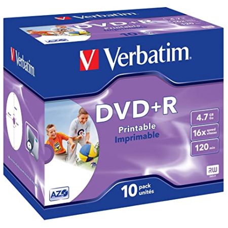 Verbatim DVD+R Wide Inkjet Printable 4.7GB, 10er Jewel Case, DVD Rohlinge bedruckbar, 16-fache Brenngeschwindigkeit & Hardcoat Scratch Guard, DVD-R printable, DVD leer, Rohlinge DVD