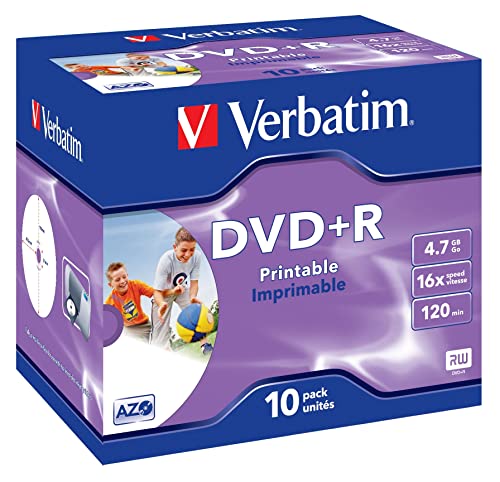 Verbatim DVD+R Wide Inkjet Printable 4.7GB, 10er Jewel Case, DVD Rohlinge bedruckbar, 16-fache Brenngeschwindigkeit & Hardcoat Scratch Guard, DVD-R printable, DVD leer, Rohlinge DVD
