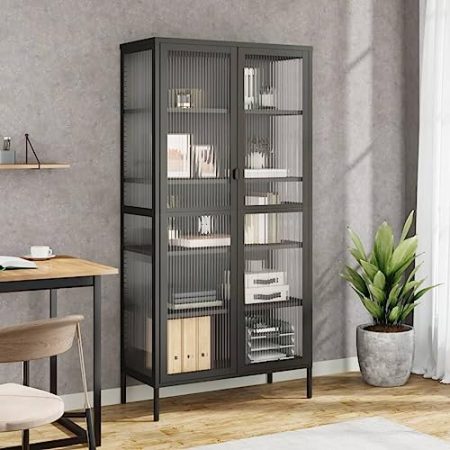 HETFTJN Highboard, Aufbewahrungsschrank Besenschrank Nachtschrank Küchenschrank Geeignet für Küchenzeile Entrance Office Schlafzimmer Schwarz 85x40x180 cm Glas und Stahl