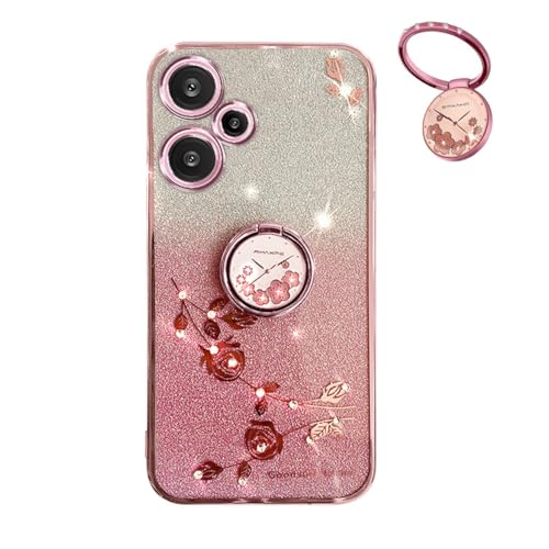 YUECXIN Hülle für Xiaomi Redmi 13 4G / Xiaomi Poco M6 4G mit Glänzende Blumen Ring Ständer, Niedliche Bling Frauen Mädchen Handyhülle, Ultra Dünn Stoßfest Weich TPU Silikon Schutzhülle, Rosa