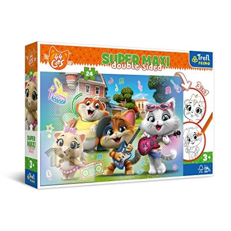 Trefl 41011 3in1: Puzzle 24 große Teile, Ausmalbuch, Spiel mit Ausmal-Elementen, Ausmalpuzzle mit Märchenfiguren, Spaß für Kinder ab 3 Jahren, 44 Cats, Fröhliche Katzen