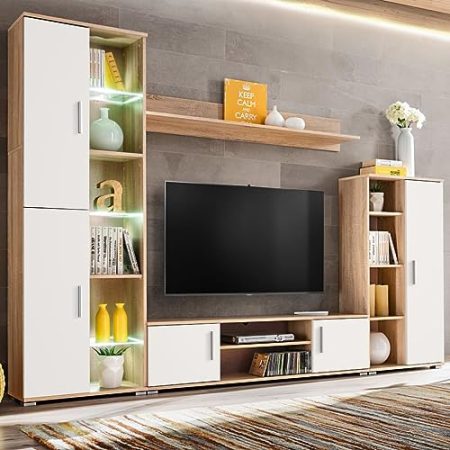 YUHI-HQYD TV-Wohnwand,Aufbewahrungsschränke,Konsolenschränke,Multimedia-Schrank,Multifunktions-Schrank,Korridor Kabinett,TV-Möbel,für Haus,Küche,Bauernhaus, mit LED-Leuchten Sonoma Eiche und Weiß