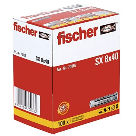 Fischer Spreizdübel SX 8 x 40, Schachtel mit 100 Nylondübeln, Dübel für optimalen Halt bei Befestigungen in Beton, Hochlochziegel, Porenbeton, Vollziegel uvm., Standard, 70008
