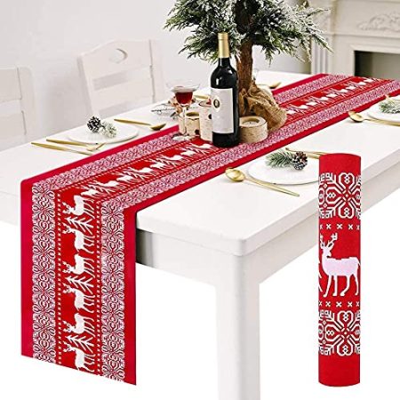 Tischläufer, rot Leinen Weihnachten Tischläufer Tischdecke mit Weiss Rentier Muster, rutschfeste lang Weihnachtstischdecke Weihnachtsläufer für Tisch Esstische Dekoration 12 x 108 Zoll