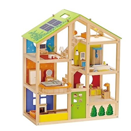 Hape Vier-Jahreszeiten Puppenhaus aus Holz Preisgekröntes dreistöckiges Puppenhaus mit Mobiliar, Zubehör, verschiebbaren Treppen und wendbarem Dach für Jede Jahreszeit