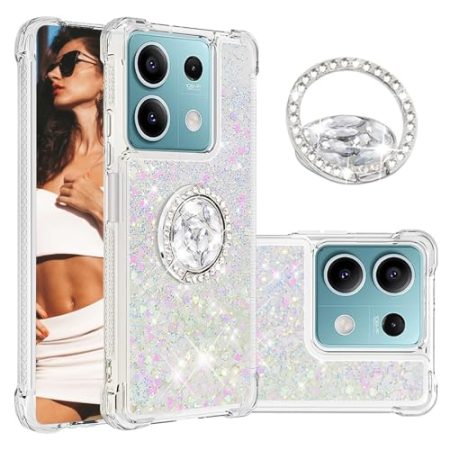 Ysnzaq Liquid Hülle für Xiaomi Redmi Note 13 Pro 5G, Flüssige Bling Quicksand TPU Case mit 360° Ring Ständer Schutzhülle für Xiaomi Redmi Note 13 Pro 5G / Poco X6. YBZ White