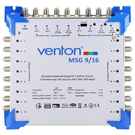 Venton Sat Multischalter 9/16 MSG I Multiswitch für bis zu 16 Teilnehmer I Sat-Verteiler 9 Eingänge 16 Ausgänge - UHD Full HD-TV 4K 3D I Empfang digitaler & terrestrischer Signale I inkl. Netzteil