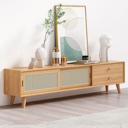 XRRJFYH Lowboard Holz, Schiebetüren, TV Board TV Schrank TV Bank TV Tisch Fernsehschrank Fernsehtisch TV Table TV Sideboard (Color : Natural, Size : 140cm/55in)