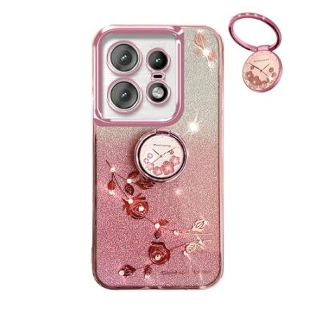 YUECXIN Hülle für Motorola Edge 50 Pro 5G mit Glänzende Blumen Ring Ständer, Niedliche Bling Frauen Mädchen Handyhülle, Ultra Dünn Stoßfest Weich TPU Silikon Schutzhülle, Rosa