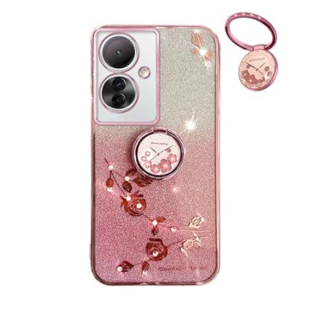 YUECXIN Hülle für Oppo Reno11 F 5G / Reno 11F 5G mit Glänzende Blumen Ring Ständer, Niedliche Bling Frauen Mädchen Handyhülle, Ultra Dünn Stoßfest Weich TPU Silikon Schutzhülle, Rosa