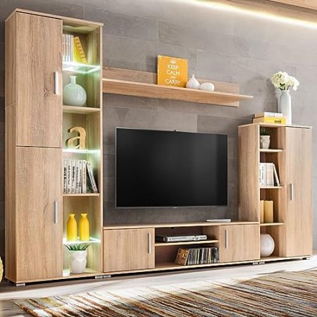 Youuihom TV-Tische, HiFi-Schränke, TV-Möbel, TV-Media-Konsole, TV Wohnwand mit LED-Leuchten Sonoma Eiche Geeignet für Schlafsäle, Wohnungen, Villen, Schlafzimmer, Wohnzimmer, Stuben