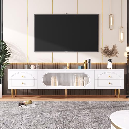 Ymkua TV Schrank, TV Lowboard, TV Möbel mit 2 Türen und 4 Schubladen, Fernsehtisch mit Stauraum, TV-Ständer mit Glas Türen, TV Tisch, Fernsehschrank für Wohnzimmer, Schlafzimmer, 175x45x35cm (Weiß)