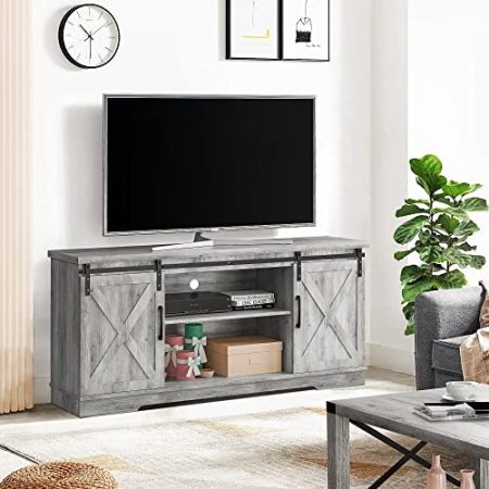 Amyove Entertainment Center, 58 Zoll TV-Ständer für 65-Zoll-Fernseher, TV-Schrank mit Scheunentüren, industrielle Medienkonsole, Aufbewahrungsschrank, Sideboard für Wohnzimmer, mit 3-stöckigem