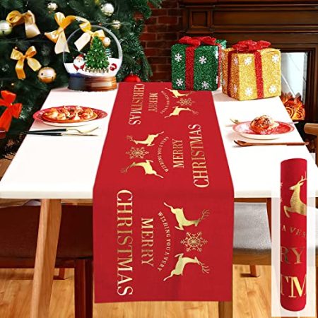 Tischläufer Weihnachten Rot, Leinen Weihnachtstischläufer Tischdecke mit Gold Rentier Schneeflocke Muster, 12 x 108 Zoll Lang Weihnachts Tischläufer Weihnachtstischdecke für Weihnachten Tischdeko