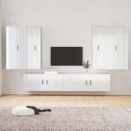 Youuihom TV-Wandschrank, Hanging TV Stand, HiFi-Schränke, 6-TLG. TV-Schrank-Set Hochglanz-Weiß Holzwerkstoff Geeignet für Wohnzimmer, Unterhaltungsraum, Schlafzimmer, Foyer, Hotel