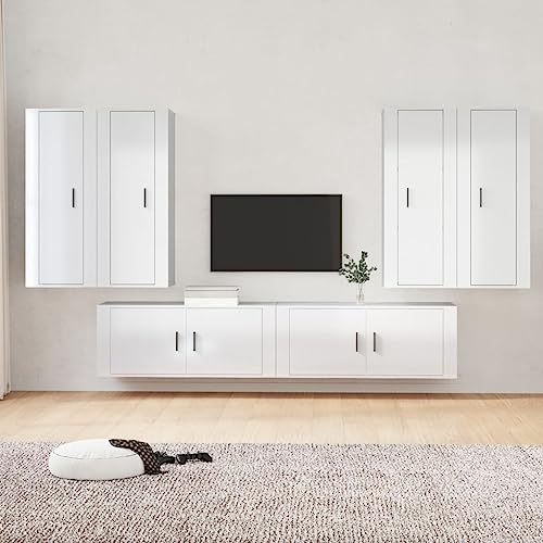 Youuihom TV-Wandschrank, Hanging TV Stand, HiFi-Schränke, 6-TLG. TV-Schrank-Set Hochglanz-Weiß Holzwerkstoff Geeignet für Wohnzimmer, Unterhaltungsraum, Schlafzimmer, Foyer, Hotel