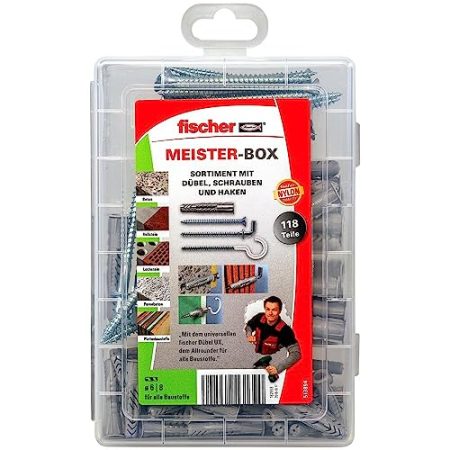 fischer Meister-Box Universaldübel UX mit Schrauben und Haken, Dübelset mit 118 Teilen, Nylondübel für alle Baustoffe, praktische Dübelkiste für Heimwerker & Profis